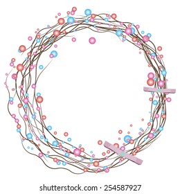 festive Easter wreath of dried twigs, colored pearls and bows. symbol of Easter
