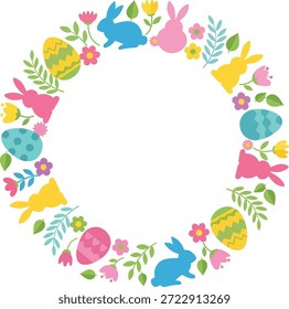 Guirnalda de Pascua festiva con conejos de colores, huevos, flores y hojas sobre un fondo negro oscuro, perfecto para celebraciones de primavera.
