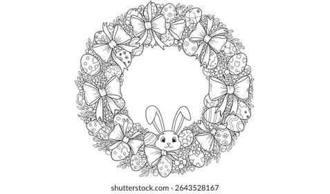 Festive Easter Wreath Line Art Design Featuring Circle Shape Decorated Eggs Ribbons Flowers and Cute Bunny Ears