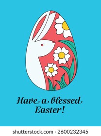 A festive Easter-themed illustration with a blue background. At the center is an egg-shaped composition featuring a  white rabbit surrounded by  white flowers with yellow centers and green leaves