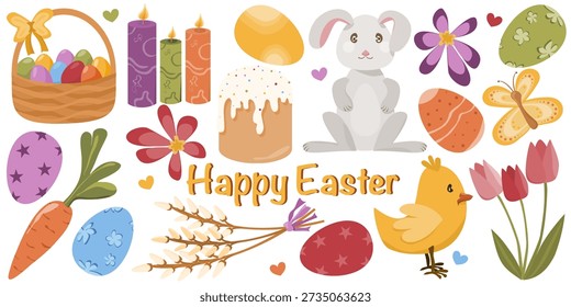 A festive Easter-themed illustration featuring various holiday elements. Includes a wicker basket filled with colorful eggs, decorated candles, a whimsical rabbit, vibrant spring flowers, and an assortment of patterned eggs.
