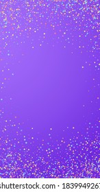 Festive ecstatic confetti. Celebration stars. Colorful stars small on violet background. Fetching festive overlay template. Vertical vector background.