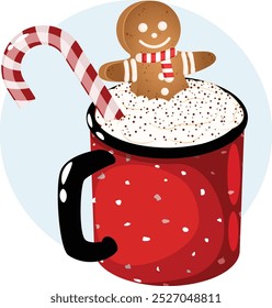 Festive Eggnog Mug with Whipped Cream, Cocoa Powder, Gingerbread Man and Candy Cane 