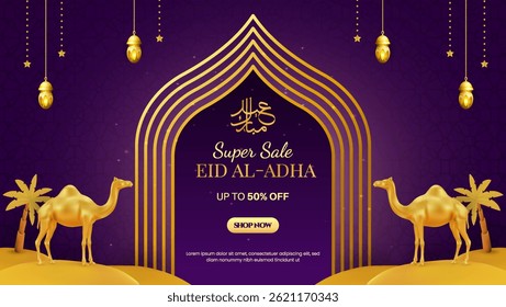 Festive Eid Al Adha sale banner featuring golden camels, intricate Islamic arch patterns, and elegant decorations on purple background. Perfect for promoting discounts.