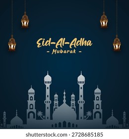 Design festivo de saudação Eid al-Adha com lanternas brilhantes, tipografia amarela estilizada e uma silhueta de mesquita em um fundo azul profundo. Ideal para cartões de férias islâmicos, postagens em mídias sociais, convites para eventos e marcas culturais. Layout elegante e comemorativo para visuais de Eid Mubarak.