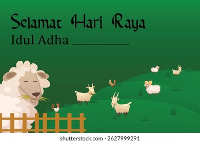 Festive Eid al-Adha vector illustration with happy typography, decorative Islamic elements, and warm color tones. Great for holiday greetings, digital invitations, banners, or promotional content.