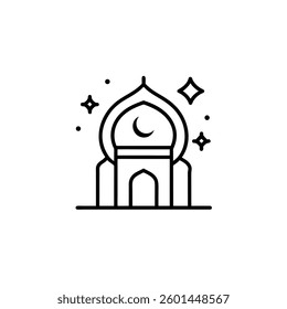 A festive Eid icon featuring a flat-style vector illustration of traditional elements like a crescent moon, stars, lanterns, or mosque silhouettes. Perfect for greeting cards, social media posts
