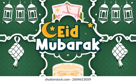 A festive Eid Mubarak greeting card with Islamic elements, including ketupat, lanterns, money envelopes, cookies, crescent moon, and stars, set on a green patterned background, celebration and joy.