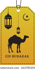 Festive eid mubarak greeting card design with a camel crescent and lanterns