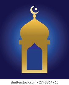 Festive Eid Mubarak greeting card design featuring a golden crescent moon, stars, and illuminated lanterns on a dark green background.