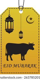 Festive eid mubarak tag illustration featuring cow lanterns and crescent moon star elements