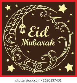 Festive Eid Mubarak Typography with Traditional Islamic Elements

