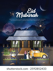 A festive Eid night with fireworks, a warmly lit Malay house, and a joyful family reunion by a vintage yellow car. Lemang and other festive foods cook nearby, capturing the celebration’s spirit.