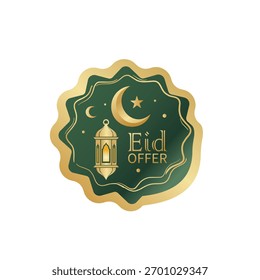 Un festivo diseño de pegatinas de la oferta de Eid con una luna creciente dorada, estrella y linterna tradicional. Perfecto para añadir un toque de elegancia a sus promociones de vacaciones.