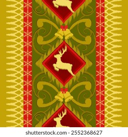 Festivo Elegância Golden Reindeer, Sinos, e Padrões de Férias em vermelho e verde Harmony design para tecido tecido de tecido de tecido de tecido de tecido de tecido tapete de impressão