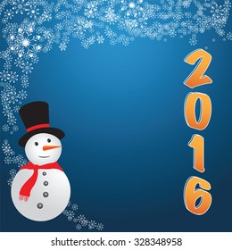 Festive elegant abstract on blue background with bokeh lights, sparkling textured beautiful snowman and place for text. Vector Illustration.

