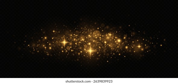 Festive and elegant background for Christmas, New Year or celebration design. Shimmering golden particles, magical light dust, and glowing stars floating in darkness.