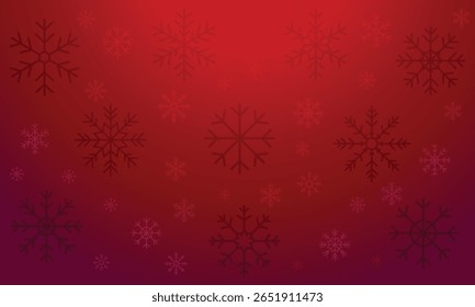 Un fondo festivo y elegante con un gradiente de rojo intenso a púrpura oscuro, adornado con copos de nieve dispersos, estilizados de color rojo oscuro y rosa de varios tamaños.