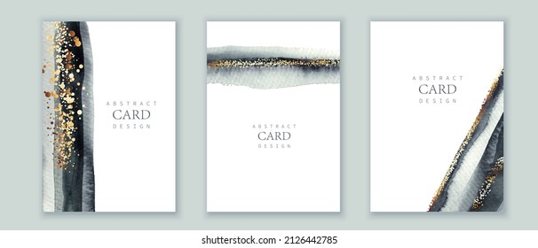 Festive elegant black, white, grey watercolor background. Golden gradient dots, confetti. Monochrome brush strokes. Design for business card, cover, packaging, abstract art.