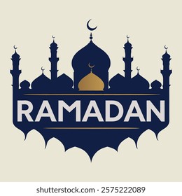 A festive and elegant design of Ramadan with mosque, domes, minarets and deep navy and gold color palette