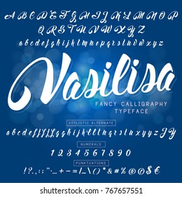 Festive and elegant font for anything inscriptions and lettering. Handcrafted calligraphic font drawn by brush. Full set of symbols. Vector illustration.