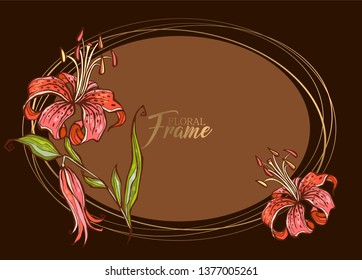 Festive elegant oval frame with flower Lily. Vector.