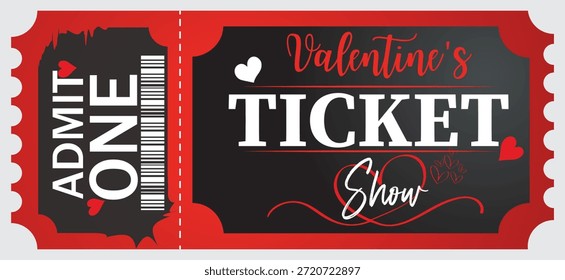 Una entrada festiva y elegante para el evento de San Valentín con un llamativo esquema de colores rojo y negro. La sección izquierda, marcada para arrancar, muestra 'ADMIT ONE' verticalmente junto a un código de barras. 