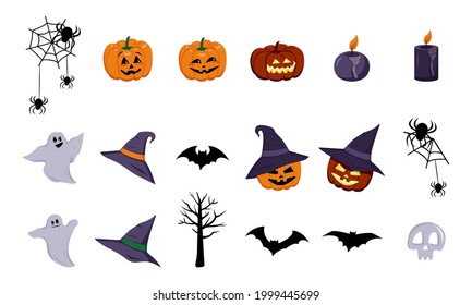 Festive elements for halloween. Lanterns of pumpkins with faces and hats, ghosts with grins, black bat and spider weaving cobweb, burning candles and a skull. Icons for holiday, horror party, birthday