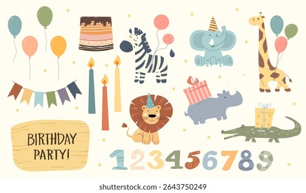 Festive elements for a safari-themed birthday party include colorful balloons, playful animals like a lion and giraffe, candles, a cake, and vibrant gift boxes, creating a joyful atmosphere.