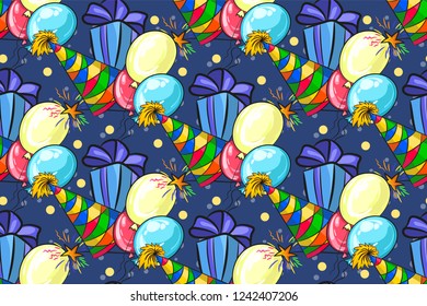 Festive elements in seamless background. Cap for birthday, New year 2019, gifts, firecrackers, balloons. Suitable for tablecloth, holiday tableware, wrapping paper, fabrics , tablecloth and more.