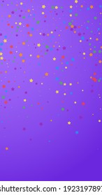 Festive eminent confetti. Celebration stars. Joyous stars on violet background. Gorgeous festive overlay template. Vertical vector background.