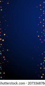 Festive eminent confetti. Celebration stars. Joyous stars on dark blue background. Fine festive overlay template. Vertical vector background.