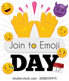 
Festive emojis, inviting at you to join at Emoji Day in July 17: grinning face, winking character, smiling one, face with tears of joy, smiling devil with horns; woozy face and raising hands.