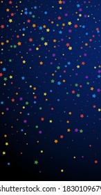 Festive emotional confetti. Celebration stars. Joyous stars on dark blue background. Ideal festive overlay template. Vertical vector background.