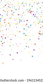 Festive emotional confetti. Celebration stars. Joyous stars on white background. Gorgeous festive overlay template. Vertical vector background.