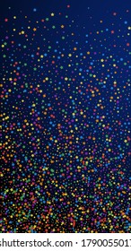 Festive enchanting confetti. Celebration stars. Rainbow bright stars on dark blue background. Great festive overlay template. Vertical vector background.