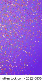 Festive enchanting confetti. Celebration stars. Rainbow bright stars on violet background. Grand festive overlay template. Vertical vector background.