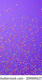 Festive energetic confetti. Celebration stars. Rainbow bright stars on violet background. Great festive overlay template. Vertical vector background.