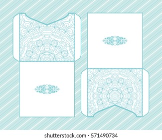 A festive envelope, box, cover for wedding, party, congratulations, I'm sorry. Laser cut mandala, Oriental motif hand-painted background. Decorative elements for design print. Vector EPS 10