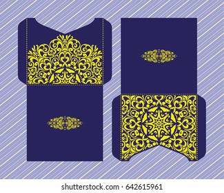 A festive envelope, box, cover for wedding, party, congratulations, I'm sorry. Laser cut mandala, Oriental motif hand-painted background. Decorative elements for design print. Vector EPS 10
