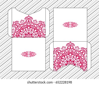 A festive envelope, box, cover for wedding, party, congratulations, I'm sorry. Laser cut mandala, Oriental motif hand-painted background. Decorative elements for design print. Vector EPS 10
