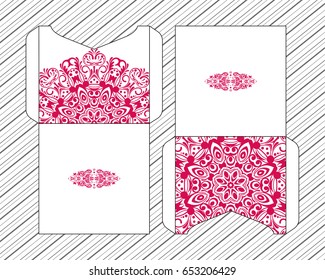 A festive envelope, box, cover for wedding, party, congratulations, I'm sorry. Laser cut mandala, Oriental motif hand-painted background. Decorative elements for design print. Vector EPS 10