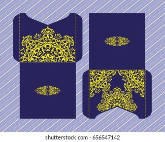 A festive envelope, box, cover for wedding, party, congratulations, I'm sorry. Laser cut mandala, Oriental motif hand-painted background. Decorative elements for design print. Vector EPS 10