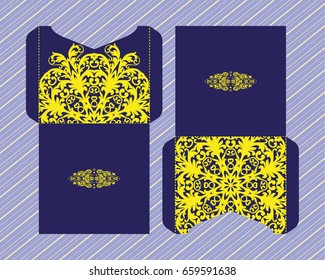 A festive envelope, box, cover for wedding, party, congratulations, I'm sorry. Laser cut mandala, Oriental motif hand-painted background. Decorative elements for design print. Vector EPS 10
