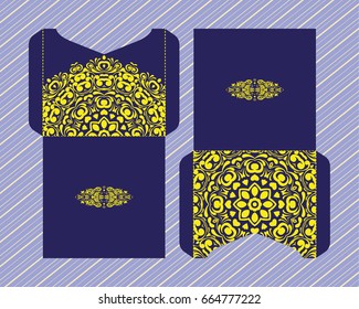 A festive envelope, box, cover for wedding, party, congratulations, I'm sorry. Laser cut mandala, Oriental motif hand-painted background. Decorative elements for design print. Vector EPS 10