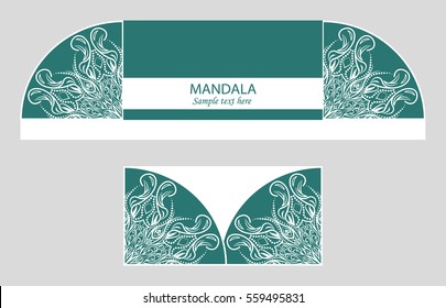 A festive envelope, cover. Laser cutting mandala, oriental motif for wedding, party, congratulations, asking for forgiveness. Hand-painted background. Decorative elements of printing. Vector EPS 10