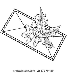 Festive envelope decorated with ribbon bow and holly leaves. For holiday invitation, greeting card, poster, graphic projects. Vector illustration in hand drawn sketch style. Line art isolated on white