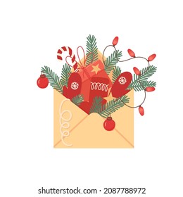 Ein festlicher Umschlag mit Tannenzweigen und Lichtern. Weihnachtsbrief mit Geschenken und Feiertagssymbolen.