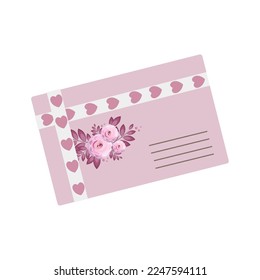 A festive envelope for letters and postcards decorated with pink roses and hearts, isolated on a white background.Vector illustration for holiday designs.