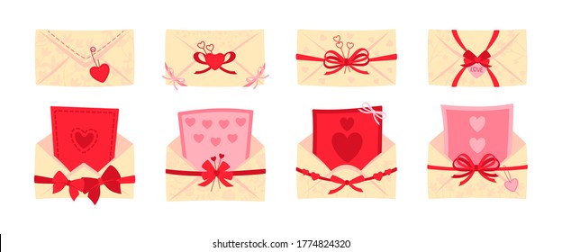 Festive envelope, postcard flat set. Valentine day or wedding envelopes for letters, decorated bows. Opened, closed mail envelopes. Cartoon newsletter, delivery of invitation. Isolated vector illustration